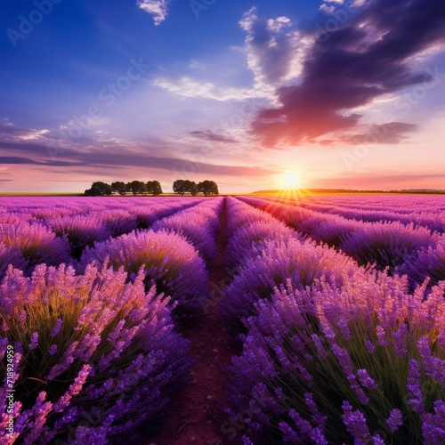 A picturesque lavender field  with rows of fragrant purple blooms stretching to the horizon and a clear sky overhead.