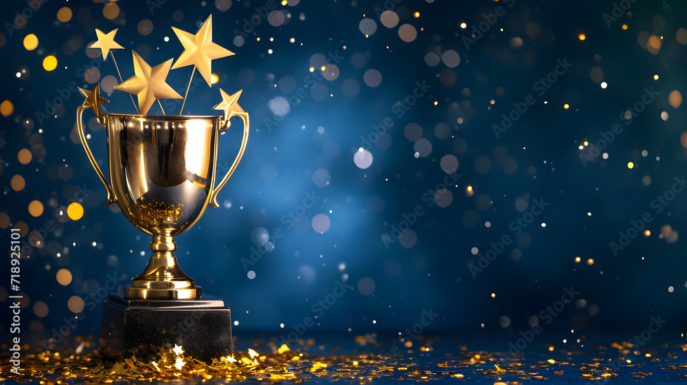 Golden trophy cup with stars isolated on dark blue background with copy space for text Golden trophy cup with stars isolated on dark blue background with copy space for text