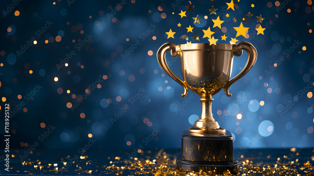Golden trophy cup with stars isolated on dark blue background with copy space for text Golden trophy cup with stars isolated on dark blue background with copy space for text