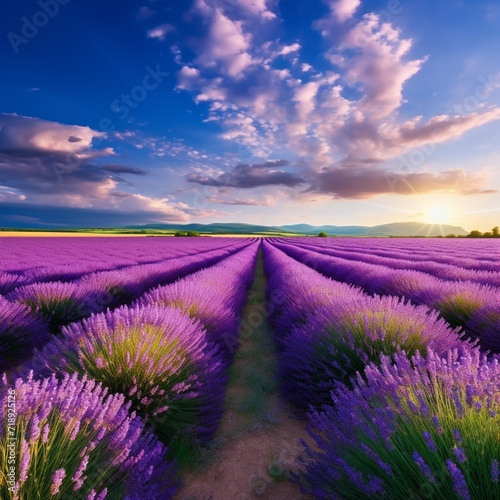 A picturesque lavender field, with rows of fragrant purple blooms stretching to the horizon and a clear sky overhead.