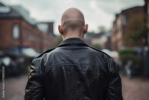 Fototapeta Back view of man with shaved head and leather jacket