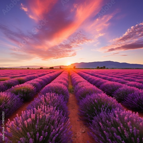 A picturesque lavender field, with rows of fragrant purple blooms stretching to the horizon and a clear sky overhead.