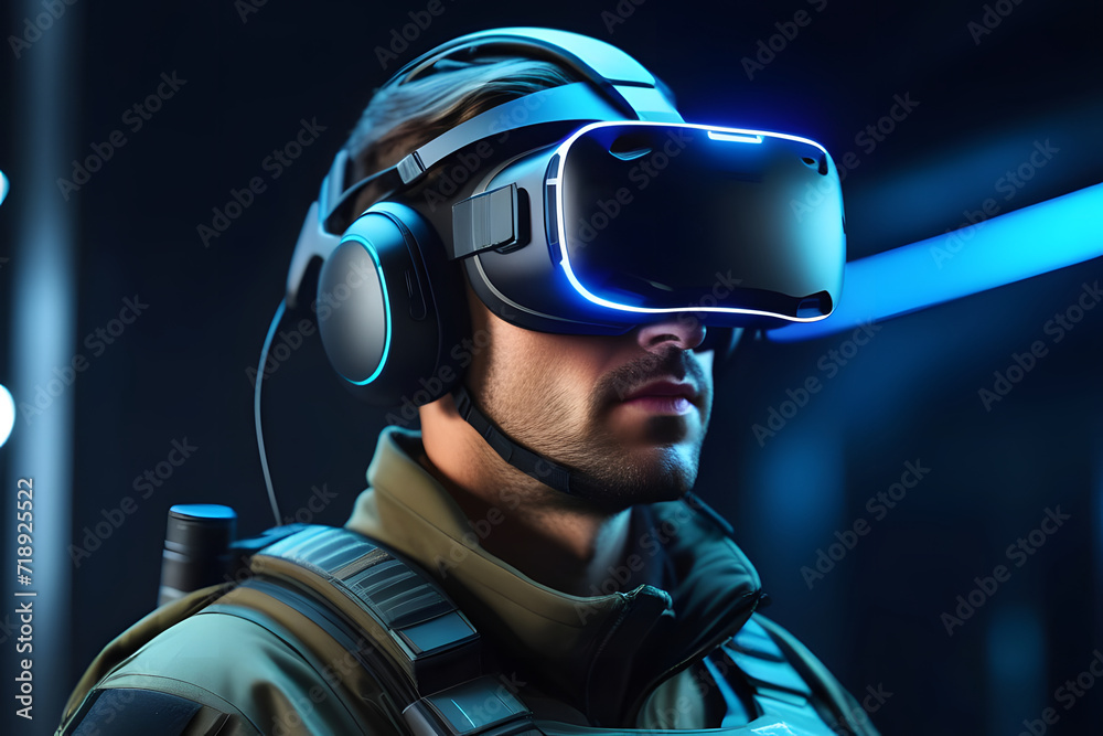 Military man in VR glasses. - obrazy, fototapety, plakaty 