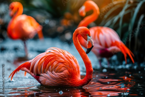A flock of majestic greater flamingos gracefully wade in the vibrant waters, showcasing their stunning red plumage and the beauty of nature