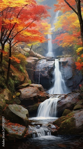 A picturesque waterfall surrounded by autumn foliage  with raindrops creating a shimmering effect on the colorful leaves.