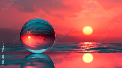 A vibrant glass sphere rests upon a serene surface, mirroring the colorful sky and reflecting the beauty of the outdoor sunset