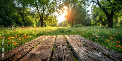 Sunrise Serenity  A Wooden Bench in a Flower-Filled Field Generative AI