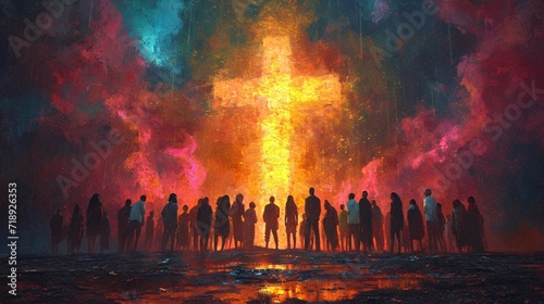 Crossroads: A Vibrant Painting of a Cross in the Middle of a Crowd Generative AI