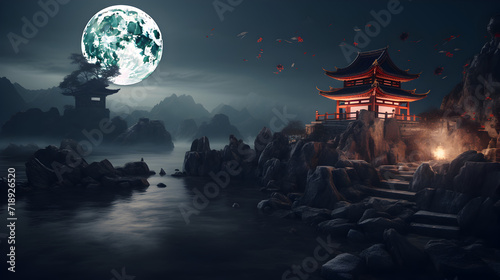 A temple with a moon in the background,, . Asian chinese cartoon style blue colors pagoda temple tower landscape.  © Amjid