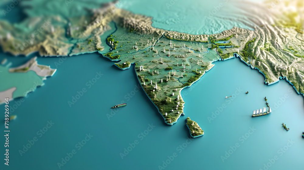 Detailed Geographic Representation of India and Sri Lanka, Depicting Terrain Features Detailed Geographic Representation of India and Sri Lanka, Depicting Terrain Features