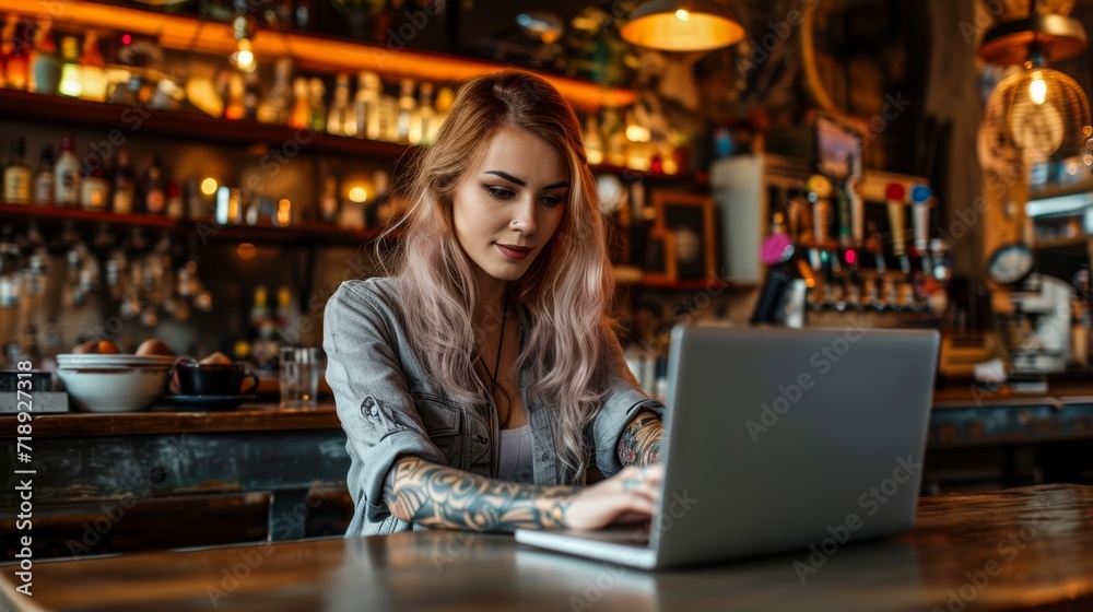 A focused woman types away on her laptop at a cozy pub table, her drink and scattered clothing hinting at a night of productivity and relaxation in this bustling indoor drinking establishment