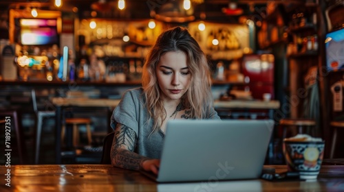 A young woman  clad in trendy clothing  sits at a rustic wooden table in a bustling coffee shop  her focused gaze fixed on the glowing screen of her laptop as she works on her latest project