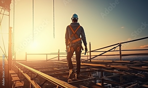 Safety First: a Construction Worker in Protective Gear on a Rooftop