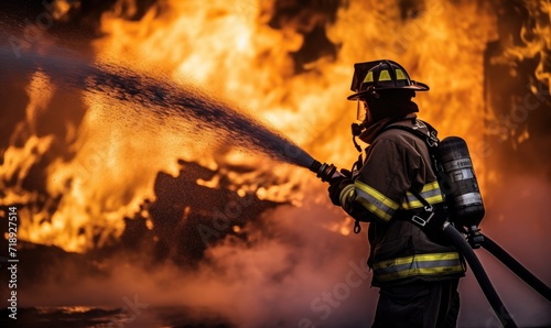 Firefighter Battling Flames with Water Hose