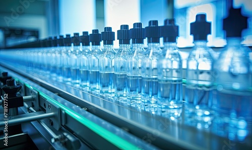 A Lineup of Clear Bottles on a Moving Conveyor Belt