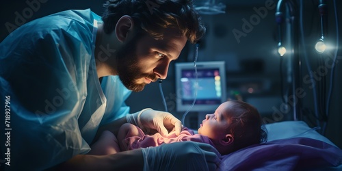 Gentle hospital scene with a doctor and a newborn baby. tender care in neonatal unit. emotional healthcare moment captured. soft lighting adds warmth. AI