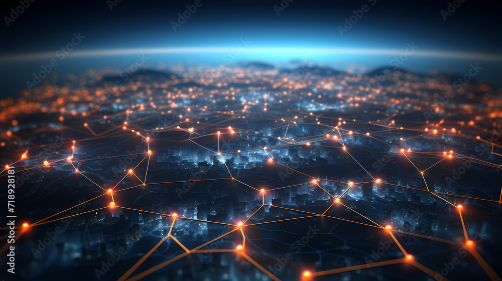 Futuristic technology background of digital glowing waves and network system Futuristic technology background of digital glowing waves and network system