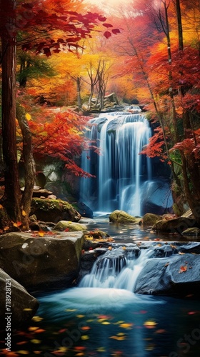 A picturesque waterfall surrounded by autumn foliage, with raindrops creating a shimmering effect on the colorful leaves.