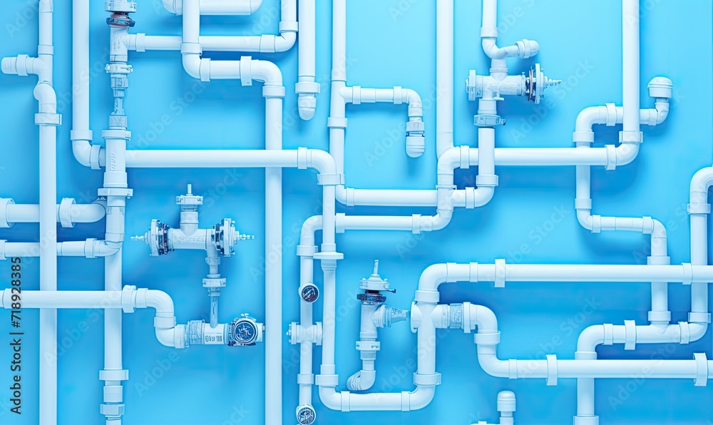 Blue Industrial Background with White Pipes and Valves Blue Industrial Background with White Pipes and Valves