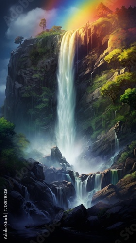 A powerful waterfall surrounded by mist  with raindrops glistening on nearby rocks and a vibrant rainbow forming in the spray.