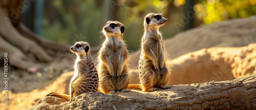 Vigilant Meerkats Surveying the Landscape at Sunset, A Stunning Display of Wildlife Alertness © Alienmonster Images