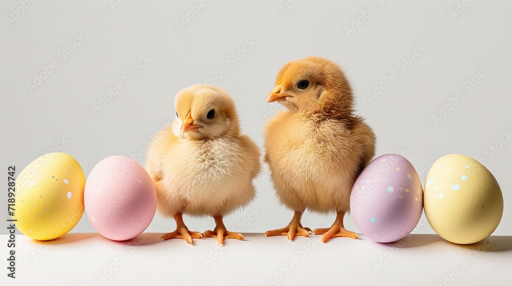 Easter composition with a soft chick stands among speckled Easter eggs nestled in white spring flowers, with a tranquil white backdrop. Easter card with copy space