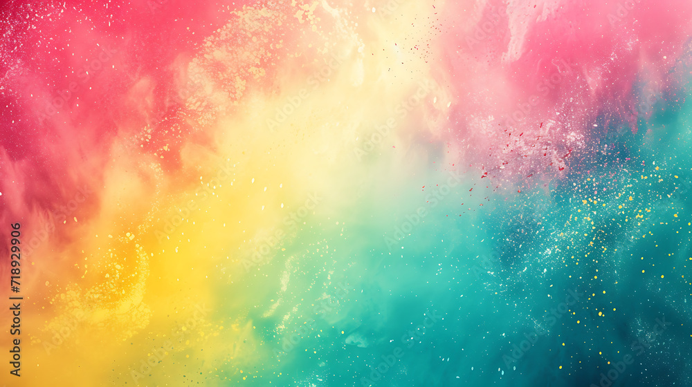 Holi festival-inspired gradient with a burst of vibrant colors like pink, yellow, green, and blue, with a grainy texture for a festive poster.