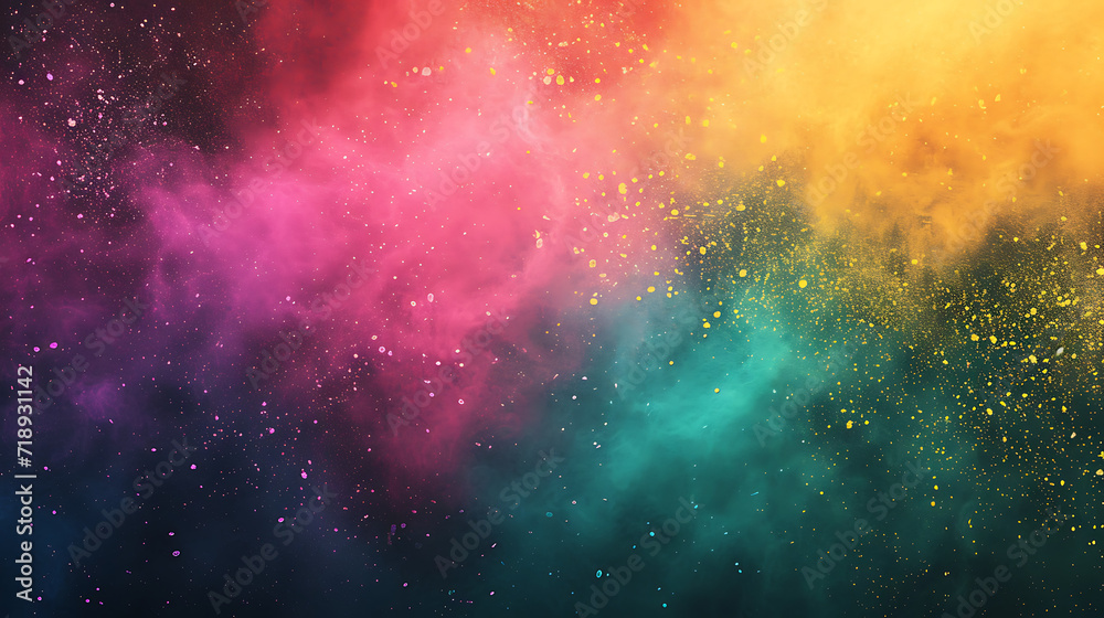 Holi festival-inspired gradient with a burst of vibrant colors like pink, yellow, green, and blue, with a grainy texture for a festive poster.