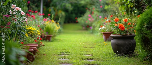 A serene garden path lined with blooming flowers, containers with flower seedlings and terracotta pots on green grass in the golden hour light