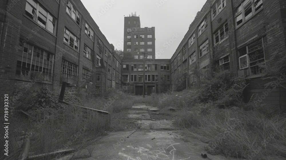 Investigating urban decay, abandoned spaces, forgotten stories, and memories. Film camera, wide-angle lens, dusk, gritty, documentary black and white film.