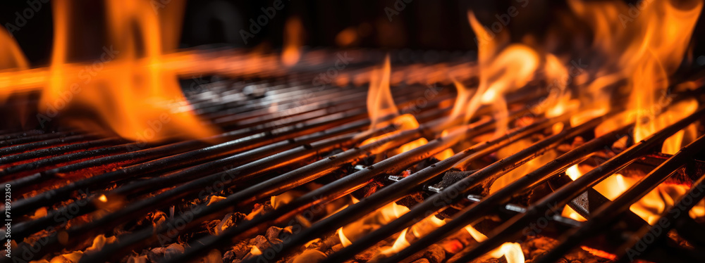 Empty flaming grill grates with open fire, ready for product placement. Background for grilled food with fire. Empty flaming grill grates with open fire, ready for product placement. Background for grilled food with fire.