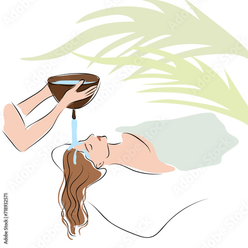 Women, massage, spa shirodhara treatments, sketch.