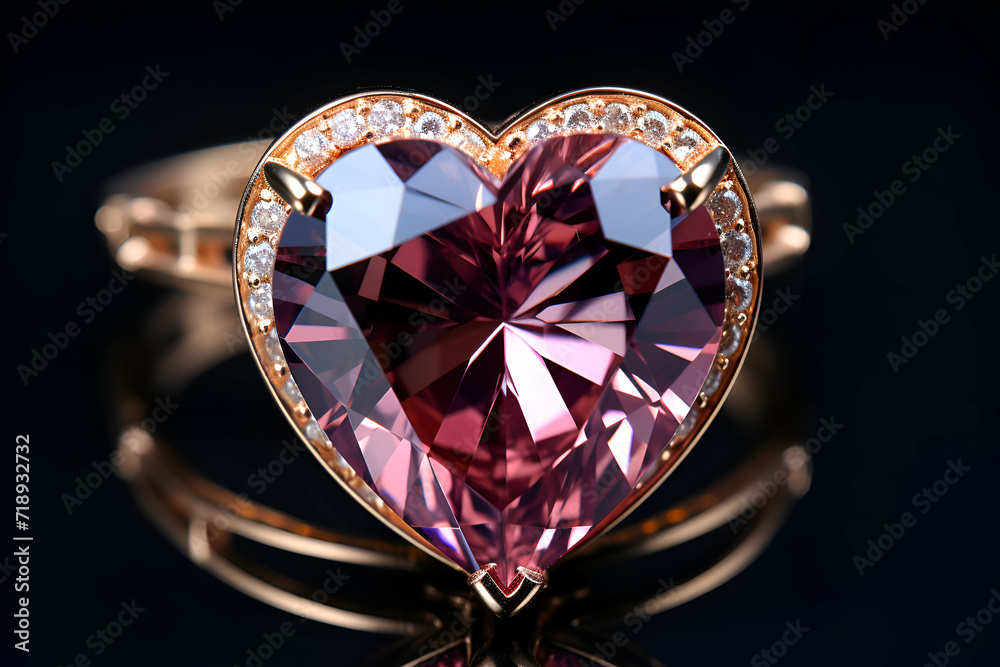 Fototapeta premium Wedding ring with a heart shaped gemstone on a black background