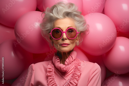 Woman in her 80s with elegant gray hair dressed in pink, with pink glasses, on a background of pink balloons © Rojo