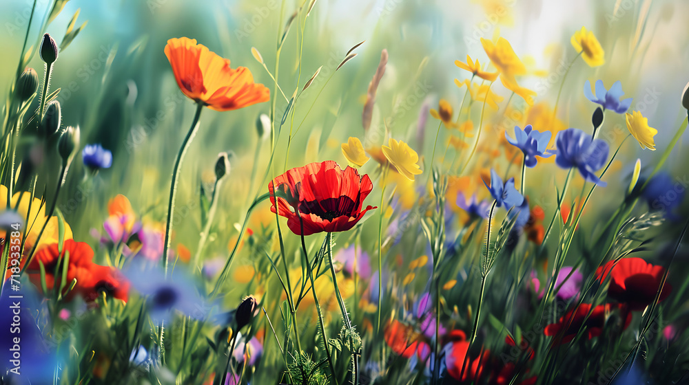 Obraz premium A vibrant meadow bursting with color, showcasing poppies, blue wildflowers, and yellow blooms bathed in warm sunlight.