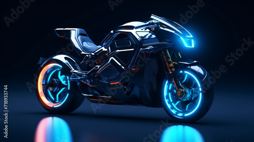 3d render motorcycle cyberpunk dark blue background