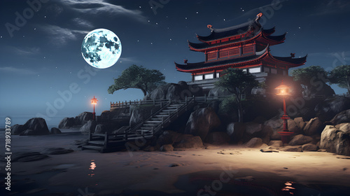 A chinese temple with a full moon in the background,,
Asian chinese cartoon style blue colors pagoda temple tower landscape. photo