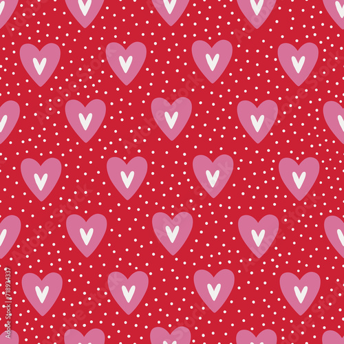 Valentine's Day seamless pattern with pink hearts on red background