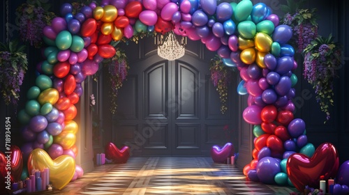 A festive birthday arch adorned with heart-shaped balloons and vibrant decorations, ready to welcome guests to a joyous celebration