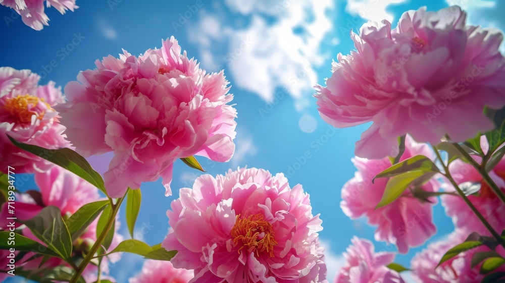 Beautiful flowers from below against a blue sky background. Unusual angle on floral