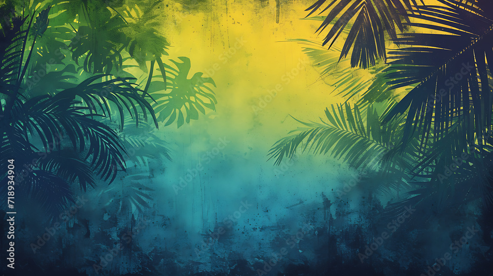 Lush tropical gradient with vibrant greens, yellows, and blues, adding a grainy texture for an exotic travel poster design