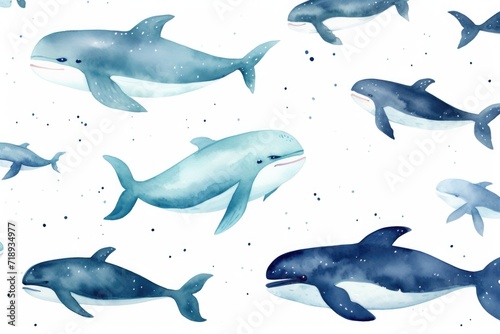 watercolor background of colorful dolphins whales