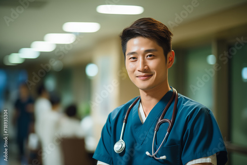 Confident Male Nurse Smiling in Hospital Corridor