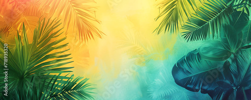 Lush tropical gradient with vibrant greens  yellows  and blues  adding a grainy texture for an exotic travel poster design
