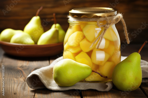 Canned pears. Jar with canned pears and fresh pears on wooden table	
