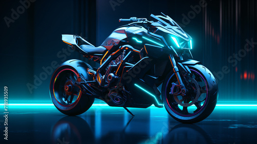 3d render motorcycle cyberpunk dark blue background