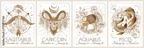 Vector set of the 4 second zodiac signs in flowers. Gold on a white background. Sagittarius, Capricorn, Aquarius, Pisces