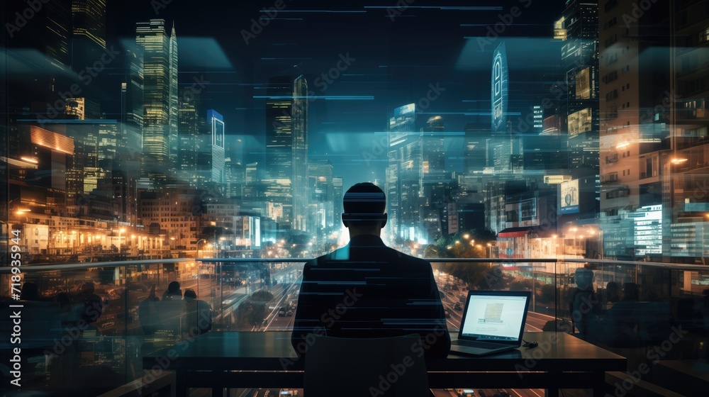 double exposure of businessman working on computer in modern office and Internet global network abstract background, night city