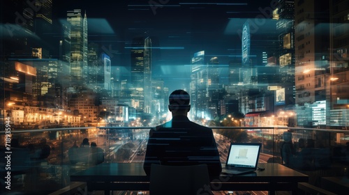 double exposure of businessman working on computer in modern office and Internet global network abstract background, night city