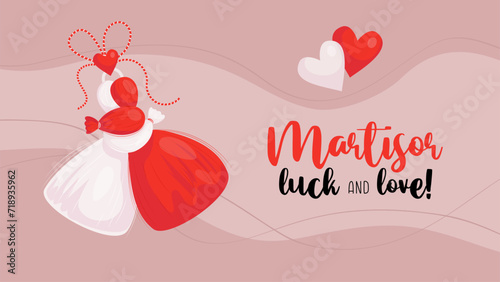 Martisor holiday poster. Traditional Red and white romantic accessory talisman Martenitsa. Symbol for spring beginning. 1 March.